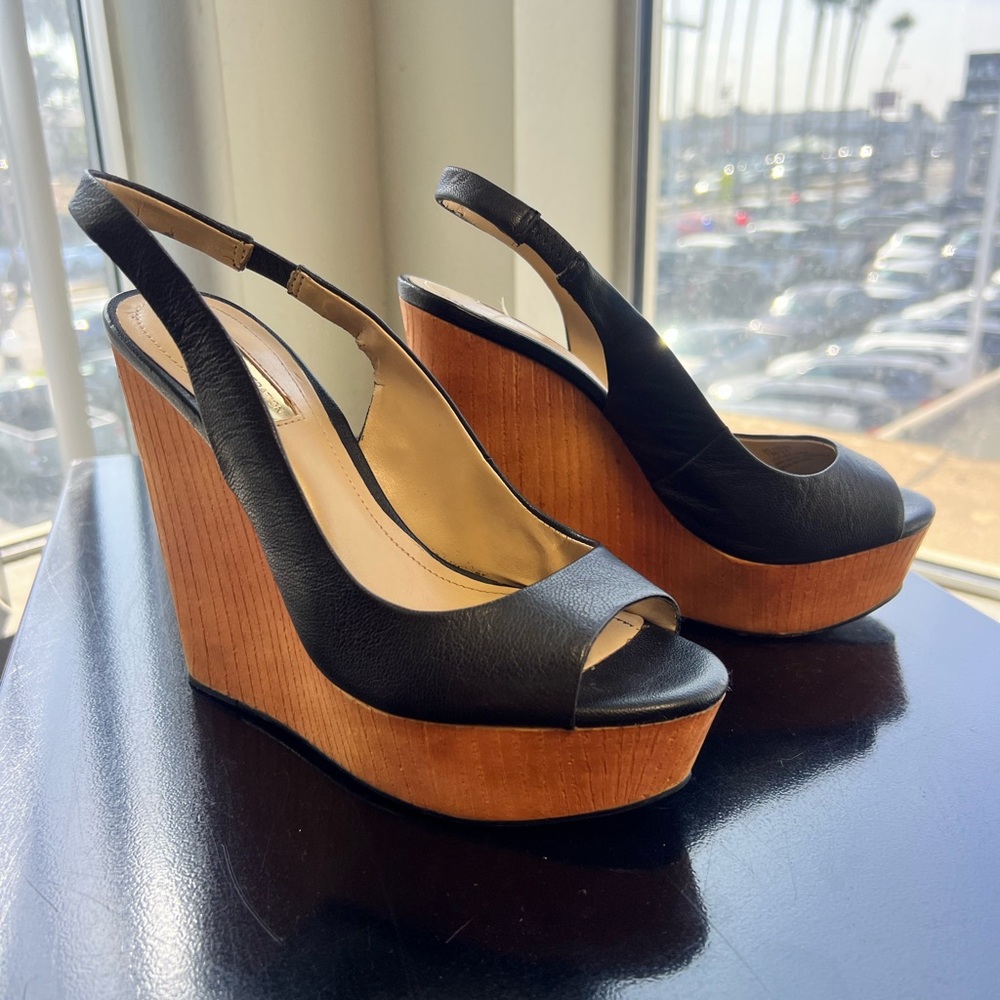 BCBGeneration Black and Tan Wedge Sandals